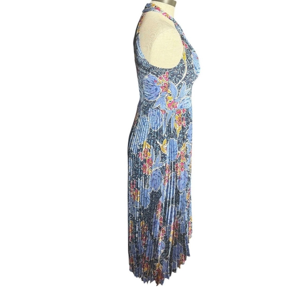 Maggy London Blue Floral Halter Pleated Handkerchief Hem Midi Dress Size 0 - Picture 4 of 8